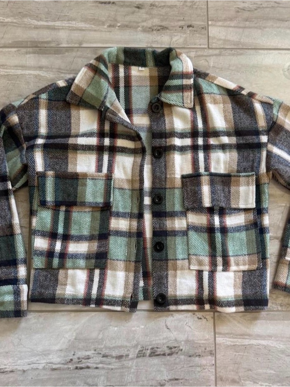 Green brown & cream plaid shacket